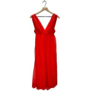 VINTAGE 1960’s gown red lace sheer LONG SATIN NIGHTGOWN slip dress